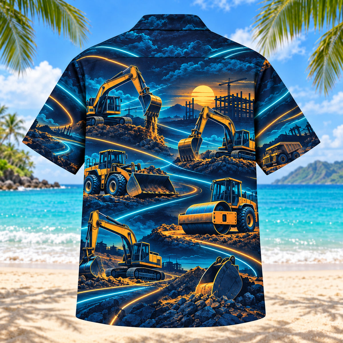Back view of Midnight Glow Heavy Equipment Operator Hawaiian Shirt with matching heavy equipment operator artwork in midnight navy, electric aqua, amber