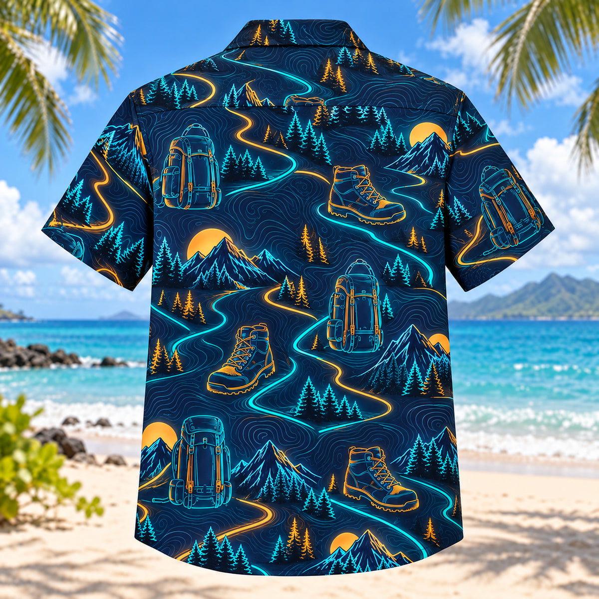 Back view of Midnight Glow Hiking and Backpacking Hawaiian Shirt with matching hiking and backpacking artwork in midnight navy, electric aqua, amber