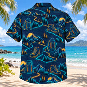 Back view of Midnight Glow Hiking and Backpacking Hawaiian Shirt with matching hiking and backpacking artwork in midnight navy, electric aqua, amber