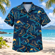 Front view of Midnight Glow Hiking and Backpacking Hawaiian Shirt with luminous geometric motion lines framing generic hiking boots, backpacks, winding trails, original contour lines and mountains