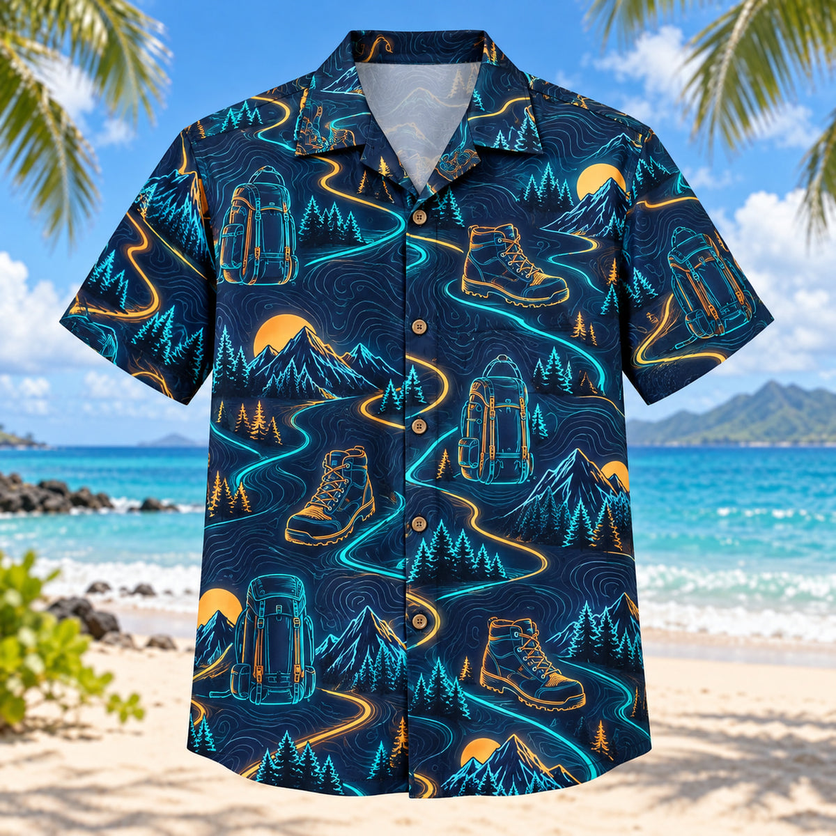 Front view of Midnight Glow Hiking and Backpacking Hawaiian Shirt with luminous geometric motion lines framing generic hiking boots, backpacks, winding trails, original contour lines and mountains