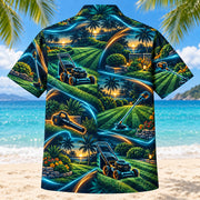 Back view of Midnight Glow Landscaper Hawaiian Shirt with matching landscaper artwork in midnight navy, electric aqua, amber