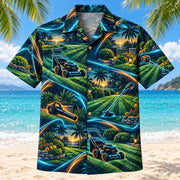 Front view of Midnight Glow Landscaper Hawaiian Shirt with luminous geometric motion lines framing generic lawn mowers, freshly cut turf stripes, trimming tools and original garden scenes