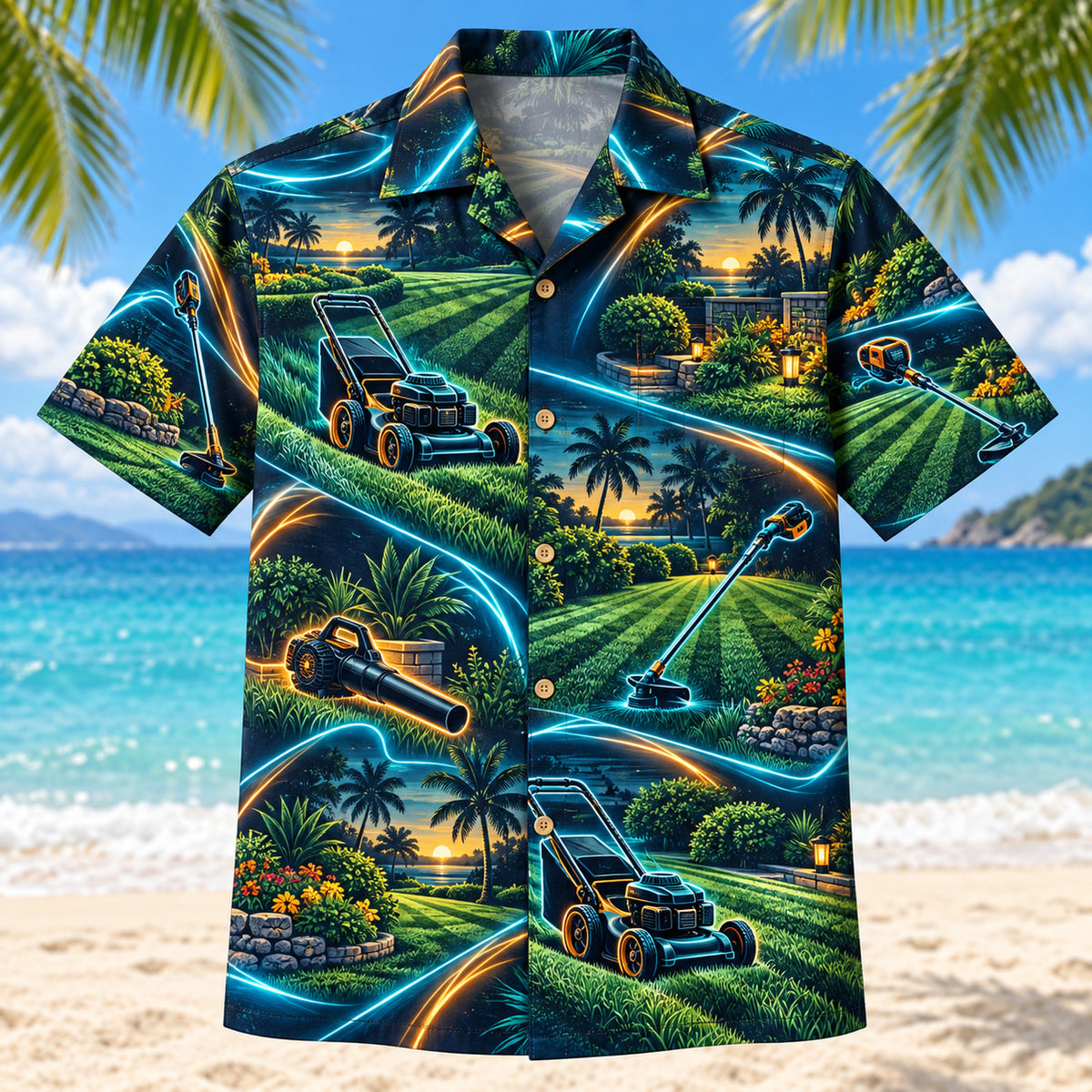 Front view of Midnight Glow Landscaper Hawaiian Shirt with luminous geometric motion lines framing generic lawn mowers, freshly cut turf stripes, trimming tools and original garden scenes