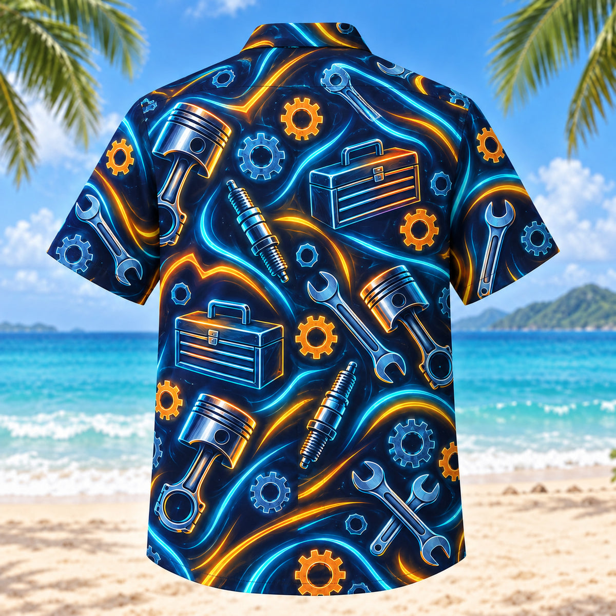 Back view of Midnight Glow Mechanic Hawaiian Shirt with matching mechanic artwork in midnight navy, electric aqua, amber
