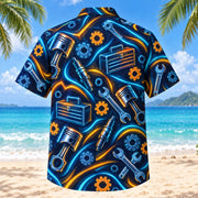 Back view of Midnight Glow Mechanic Hawaiian Shirt with matching mechanic artwork in midnight navy, electric aqua, amber