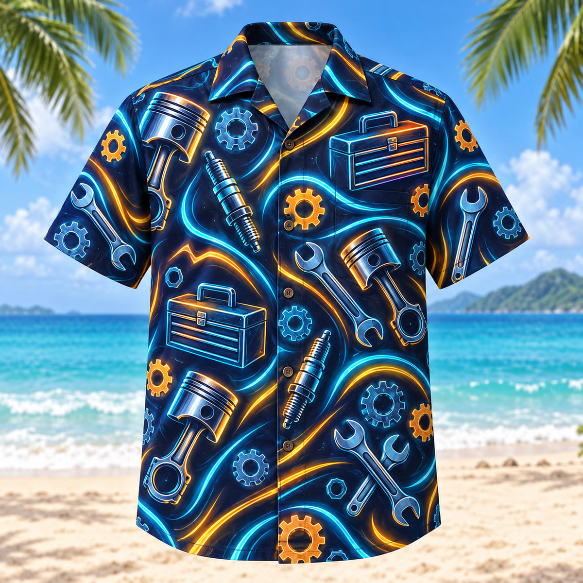 Front view of Midnight Glow Mechanic Hawaiian Shirt with luminous geometric motion lines framing generic pistons, spark plugs, wrenches, toolboxes and gears