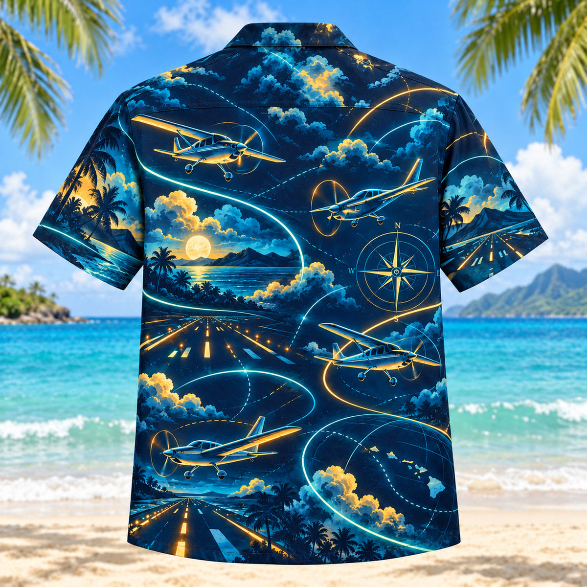 Back view of Midnight Glow Pilot and Aviation Hawaiian Shirt with matching pilot and aviation artwork in midnight navy, electric aqua, amber
