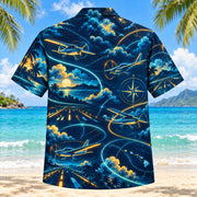Back view of Midnight Glow Pilot and Aviation Hawaiian Shirt with matching pilot and aviation artwork in midnight navy, electric aqua, amber