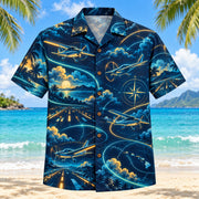 Front view of Midnight Glow Pilot and Aviation Hawaiian Shirt with luminous geometric motion lines framing unbranded civilian propeller planes, imaginary flight paths, clouds, compasses and runways