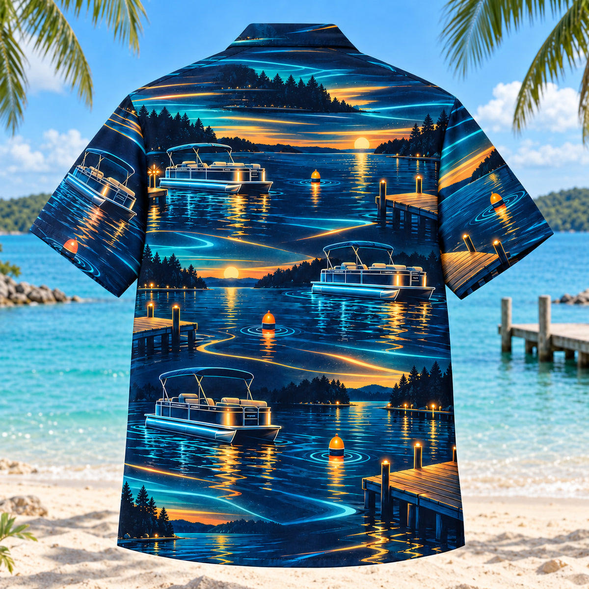 Back view of Midnight Glow Pontoon Boating Hawaiian Shirt with matching pontoon boating artwork in midnight navy, electric aqua, amber