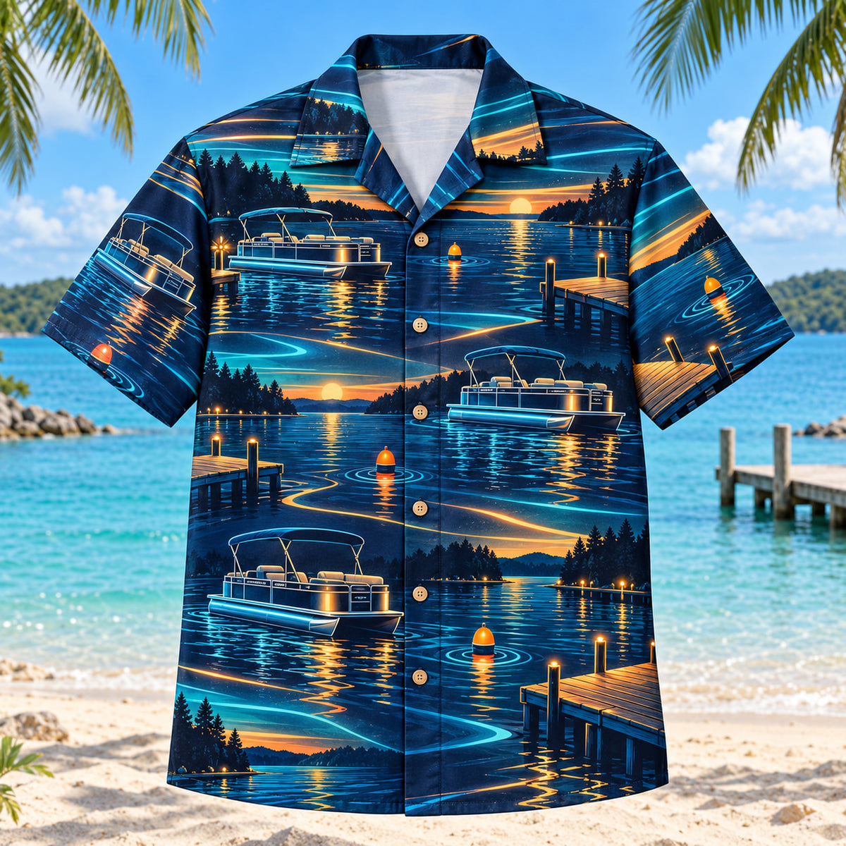 Front view of Midnight Glow Pontoon Boating Hawaiian Shirt with luminous geometric motion lines framing generic pontoon boats, lake docks, buoys and calm-water ripples