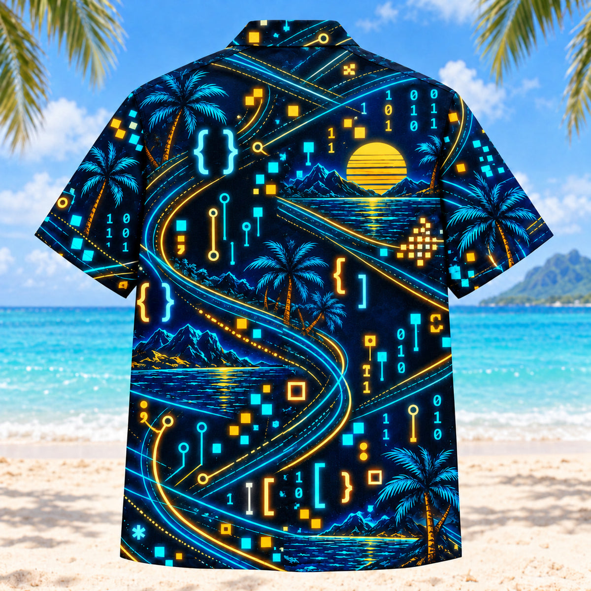 Back view of Midnight Glow Programmer Hawaiian Shirt with matching programmer artwork in midnight navy, electric aqua, amber