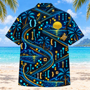 Back view of Midnight Glow Programmer Hawaiian Shirt with matching programmer artwork in midnight navy, electric aqua, amber