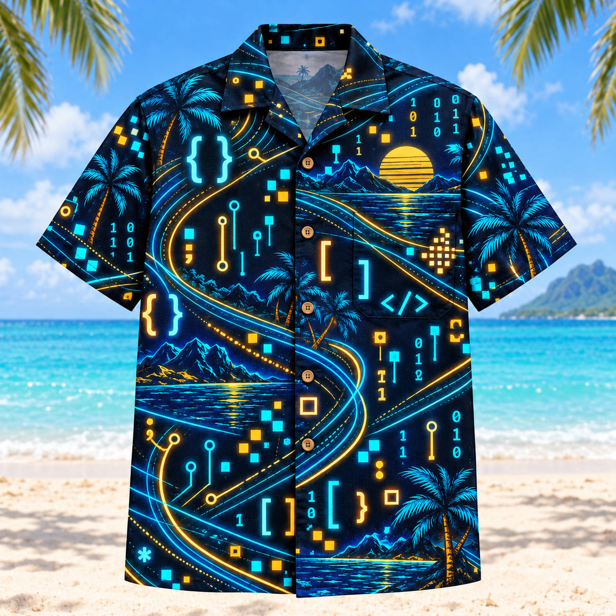 Front view of Midnight Glow Programmer Hawaiian Shirt with luminous geometric motion lines framing original brackets, readable self-written pseudocode, binary patterns, pixels and invented debugging symbols
