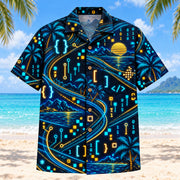 Front view of Midnight Glow Programmer Hawaiian Shirt with luminous geometric motion lines framing original brackets, readable self-written pseudocode, binary patterns, pixels and invented debugging symbols