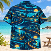Back view of Midnight Glow RV and Travel Trailer Hawaiian Shirt with matching rv and travel trailer artwork in midnight navy, electric aqua, amber