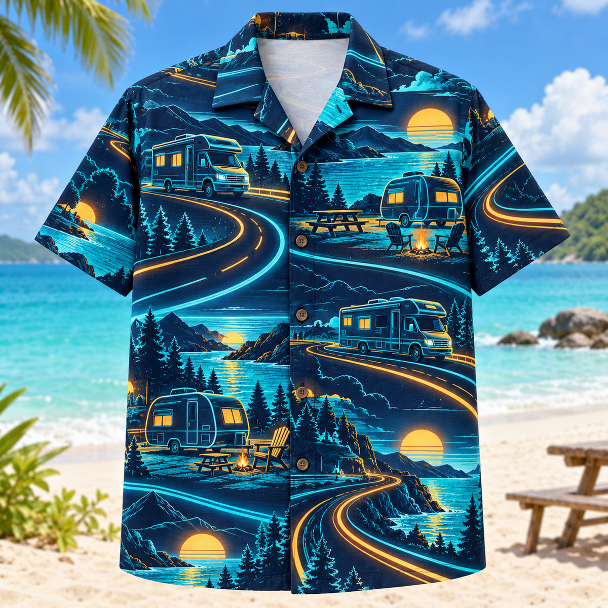 Front view of Midnight Glow RV and Travel Trailer Hawaiian Shirt with luminous geometric motion lines framing imaginary RVs and travel trailers, open roads, hills and picnic furniture