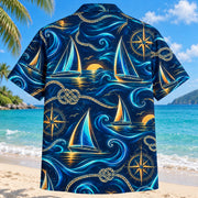 Back view of Midnight Glow Sailing Hawaiian Shirt with matching sailing artwork in midnight navy, electric aqua, amber