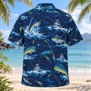 Back view of Midnight Glow Saltwater Fishing Hawaiian Shirt with matching saltwater fishing artwork in midnight navy, electric aqua, amber