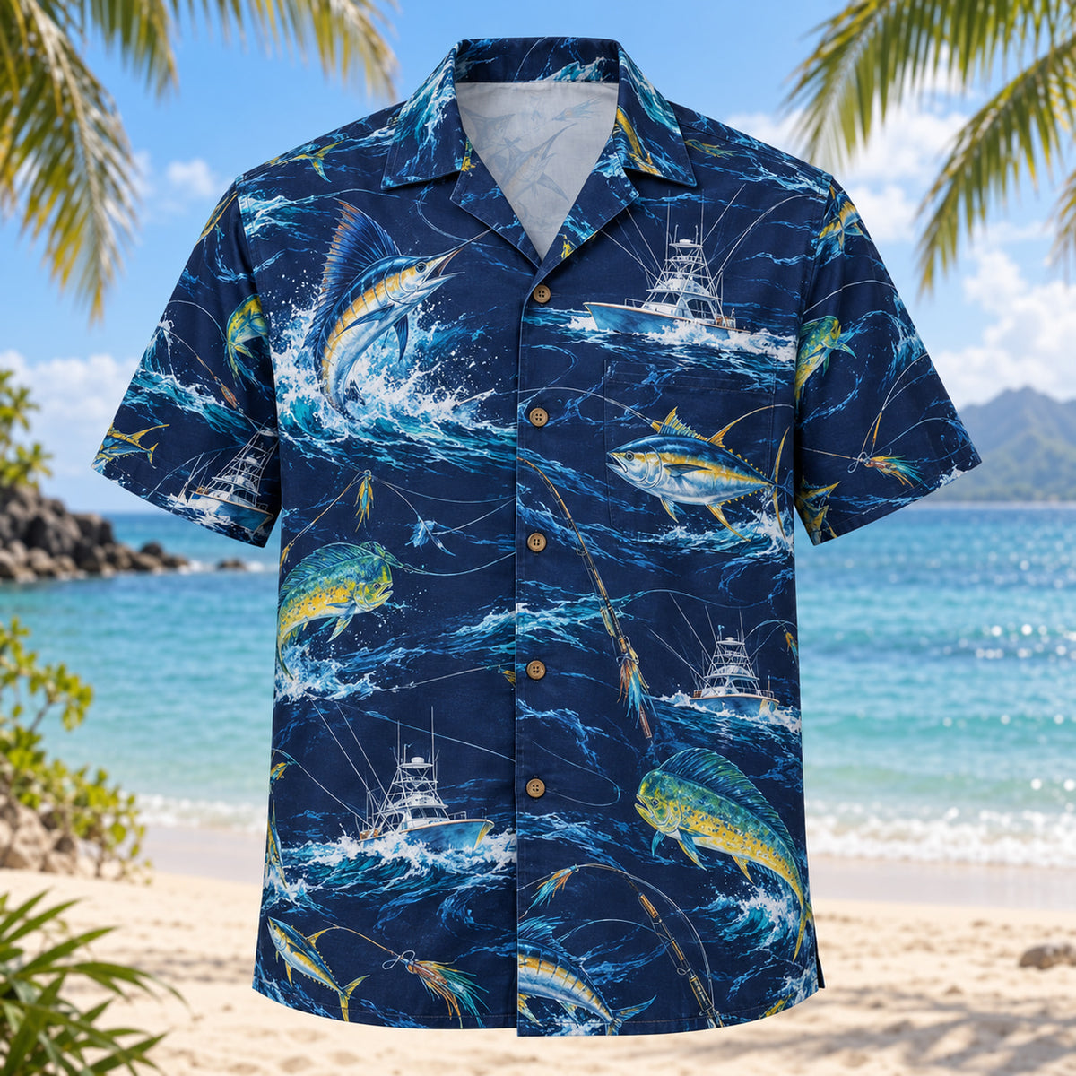 Front view of Midnight Glow Saltwater Fishing Hawaiian Shirt with luminous geometric motion lines framing original marlin, tuna and mahi-mahi silhouettes, fishing lines and imaginary offshore boats