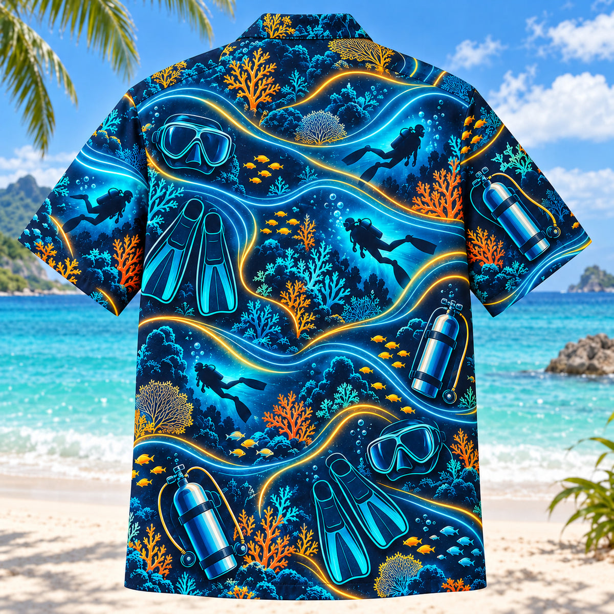 Back view of Midnight Glow Scuba Diving Hawaiian Shirt with matching scuba diving artwork in midnight navy, electric aqua, amber