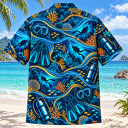 Back view of Midnight Glow Scuba Diving Hawaiian Shirt with matching scuba diving artwork in midnight navy, electric aqua, amber