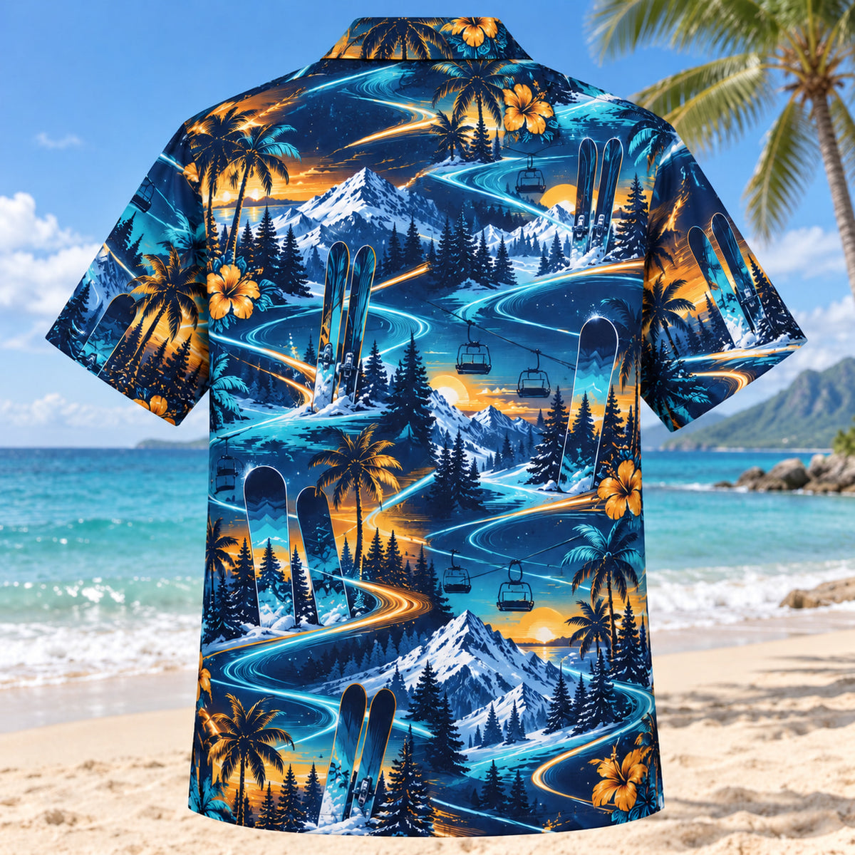 Back view of Midnight Glow Ski and Snowboard Hawaiian Shirt with matching ski and snowboard artwork in midnight navy, electric aqua, amber