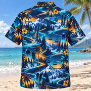 Back view of Midnight Glow Ski and Snowboard Hawaiian Shirt with matching ski and snowboard artwork in midnight navy, electric aqua, amber