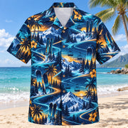 Front view of Midnight Glow Ski and Snowboard Hawaiian Shirt with luminous geometric motion lines framing plain skis, unbranded snowboards, chairlifts and snow peaks