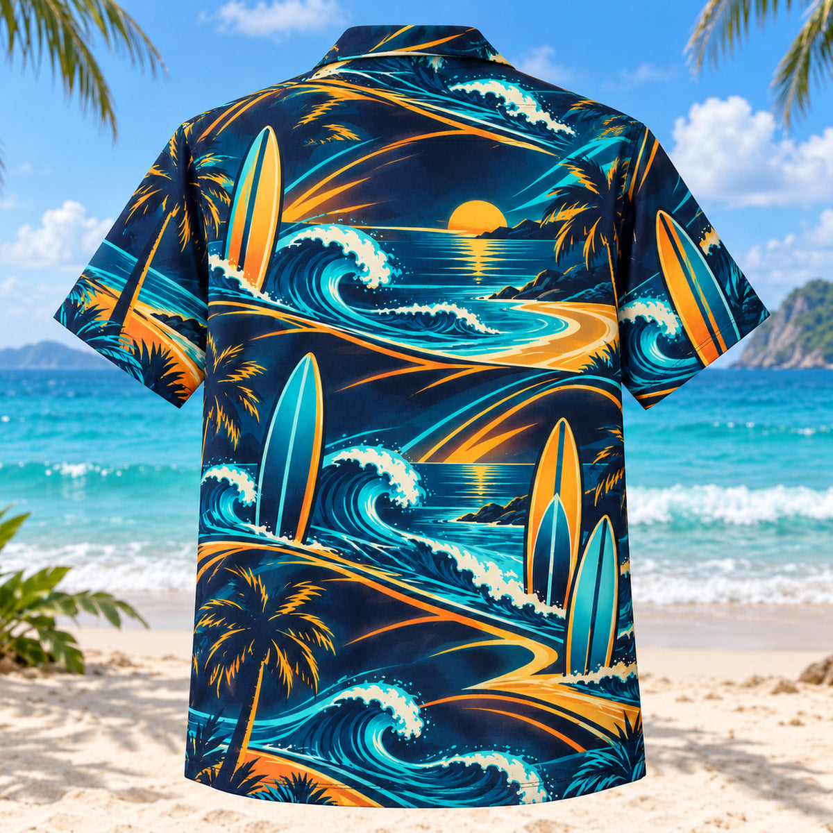 Back view of Midnight Glow Surfing Hawaiian Shirt with matching surfing artwork in midnight navy, electric aqua, amber