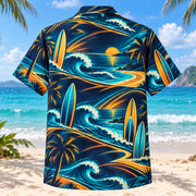 Back view of Midnight Glow Surfing Hawaiian Shirt with matching surfing artwork in midnight navy, electric aqua, amber