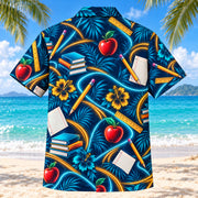 Back view of Midnight Glow Teacher Hawaiian Shirt with matching teacher artwork in midnight navy, electric aqua, amber