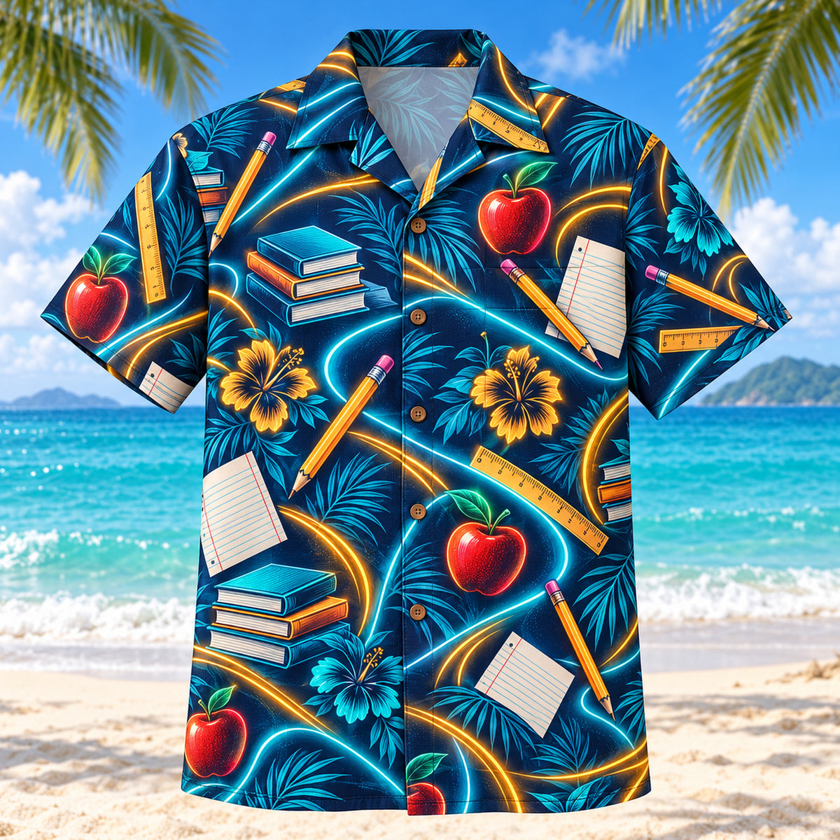 Front view of Midnight Glow Teacher Hawaiian Shirt with luminous geometric motion lines framing original pencils, apples, rulers, books and sheets of paper
