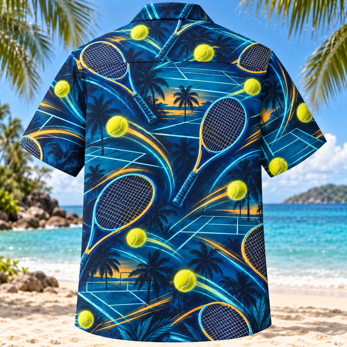 Back view of Midnight Glow Tennis Hawaiian Shirt with matching tennis artwork in midnight navy, electric aqua, amber