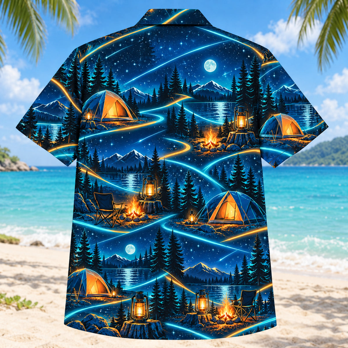 Back view of Midnight Glow Tent Camping Hawaiian Shirt with matching tent camping artwork in midnight navy, electric aqua, amber