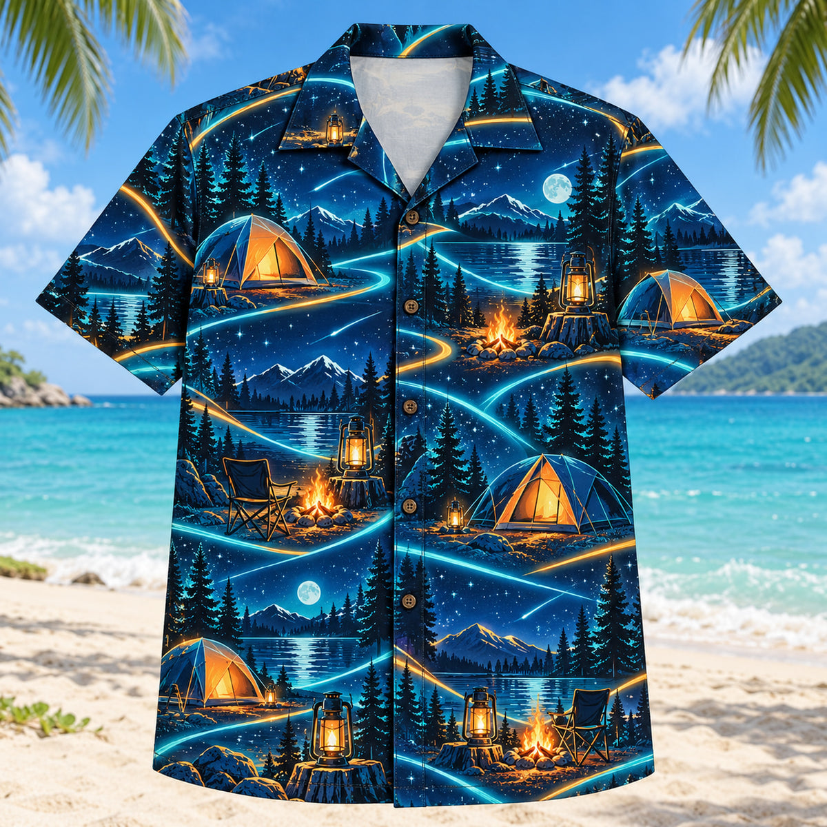 Front view of Midnight Glow Tent Camping Hawaiian Shirt with luminous geometric motion lines framing generic tents, camp lanterns, campfires, chairs and woodland night skies