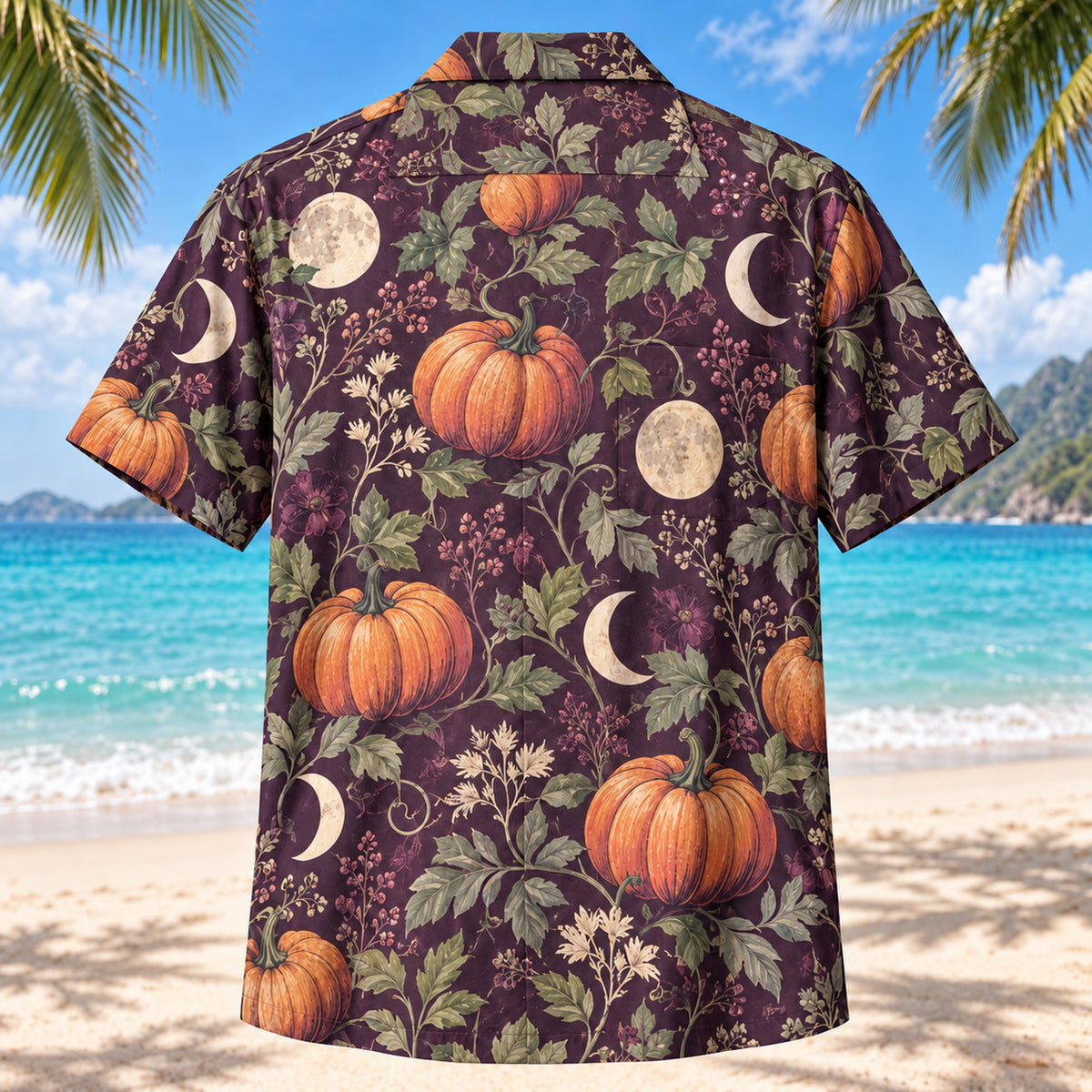 Back view of Midnight Harvest Adult Halloween Hawaiian Shirt with matching artwork in plum, sage, ivory