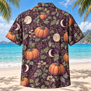 Back view of Midnight Harvest Adult Halloween Hawaiian Shirt with matching artwork in plum, sage, ivory
