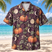 Front view of Midnight Harvest Adult Halloween Hawaiian Shirt with original, text-free illustrations of harvest pumpkins, moons and delicate foliage