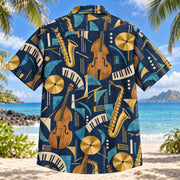Back view of Midnight Jazz Rhythm Hawaiian Shirt with saxophones, upright bass, piano-key arcs, cymbals and abstract rhythm geometry