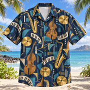 Front view of Midnight Jazz Rhythm Hawaiian Shirt with saxophones, upright bass, piano-key arcs, cymbals and abstract rhythm geometry