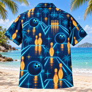 Back view of Midnight Lane Glow Bowling Hawaiian Shirt with matching bowling artwork in midnight navy, electric aqua, amber