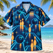 Front view of Midnight Lane Glow Bowling Hawaiian Shirt with luminous geometric bowling lanes, original ten-pin silhouettes and three-hole bowling balls