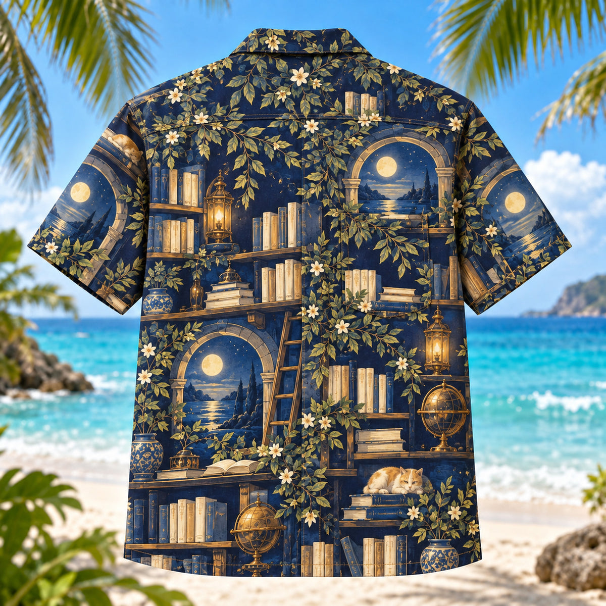 Back view of Midnight Library Book Lover Hawaiian Shirt with matching artwork in indigo, gold, cream