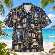 Front view of Midnight Library Book Lover Hawaiian Shirt with imaginary library with blank books and moonlit leaves