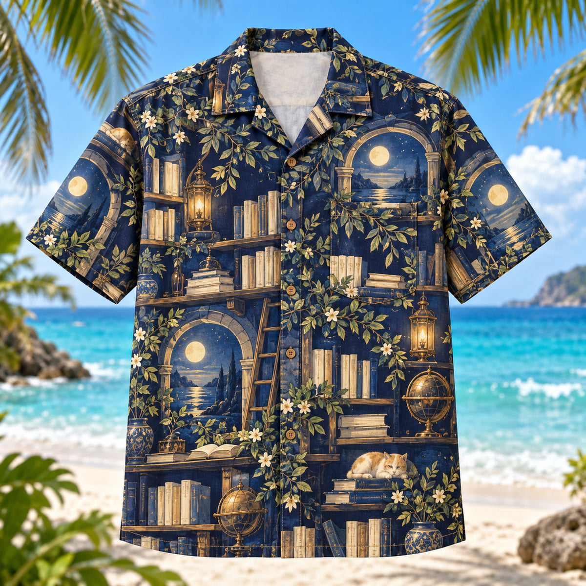 Front view of Midnight Library Book Lover Hawaiian Shirt with imaginary library with blank books and moonlit leaves