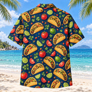 Back view of Midnight Taco Hawaiian Shirt with matching artwork in midnight blue, tomato red, lime