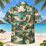 Back view of Mile Marker Truck Driver Hawaiian Shirt with matching artwork in emerald, tan, cream