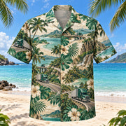 Front view of Mile Marker Truck Driver Hawaiian Shirt with original mile marker motifs, with tropical botanical accents; no text or branded equipment